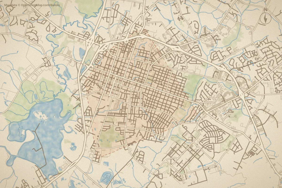 Watercolor map of Goldsboro City in Goldsboro, NC, showing its streets, water and surroundings