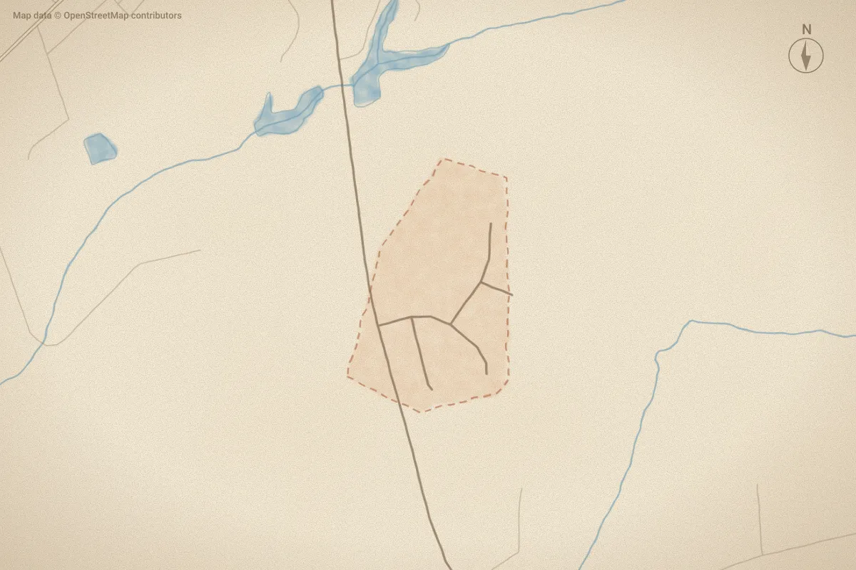 Watercolor map of Grand Oaks in Goldsboro, NC, showing its streets, water and surroundings