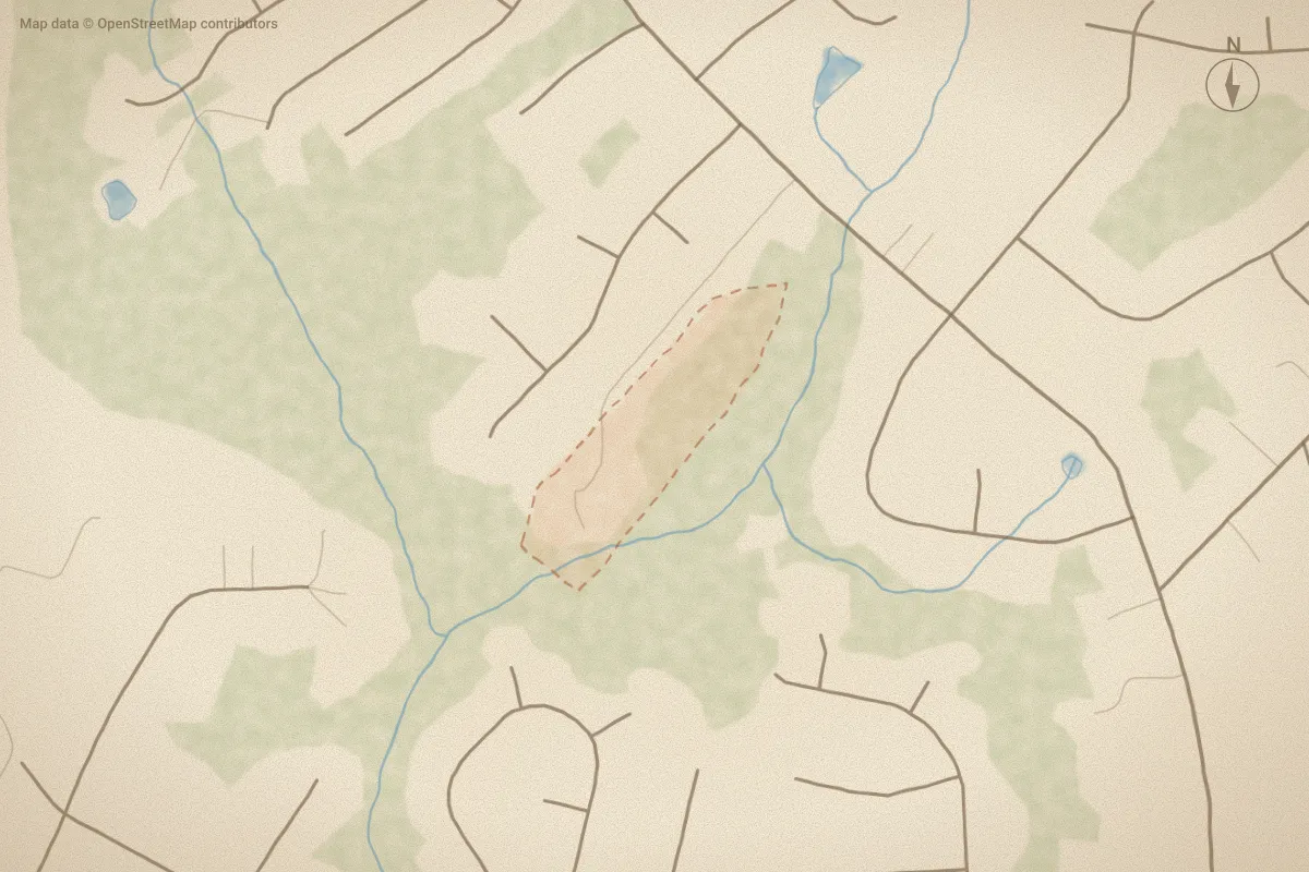 Watercolor map of Grassy Meadows in Richlands, NC, showing its streets, water and surroundings