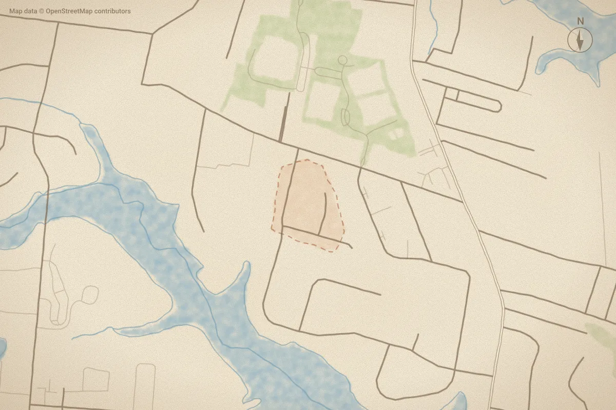 Watercolor map of Greengate in Morehead City, NC, showing its streets, water and surroundings