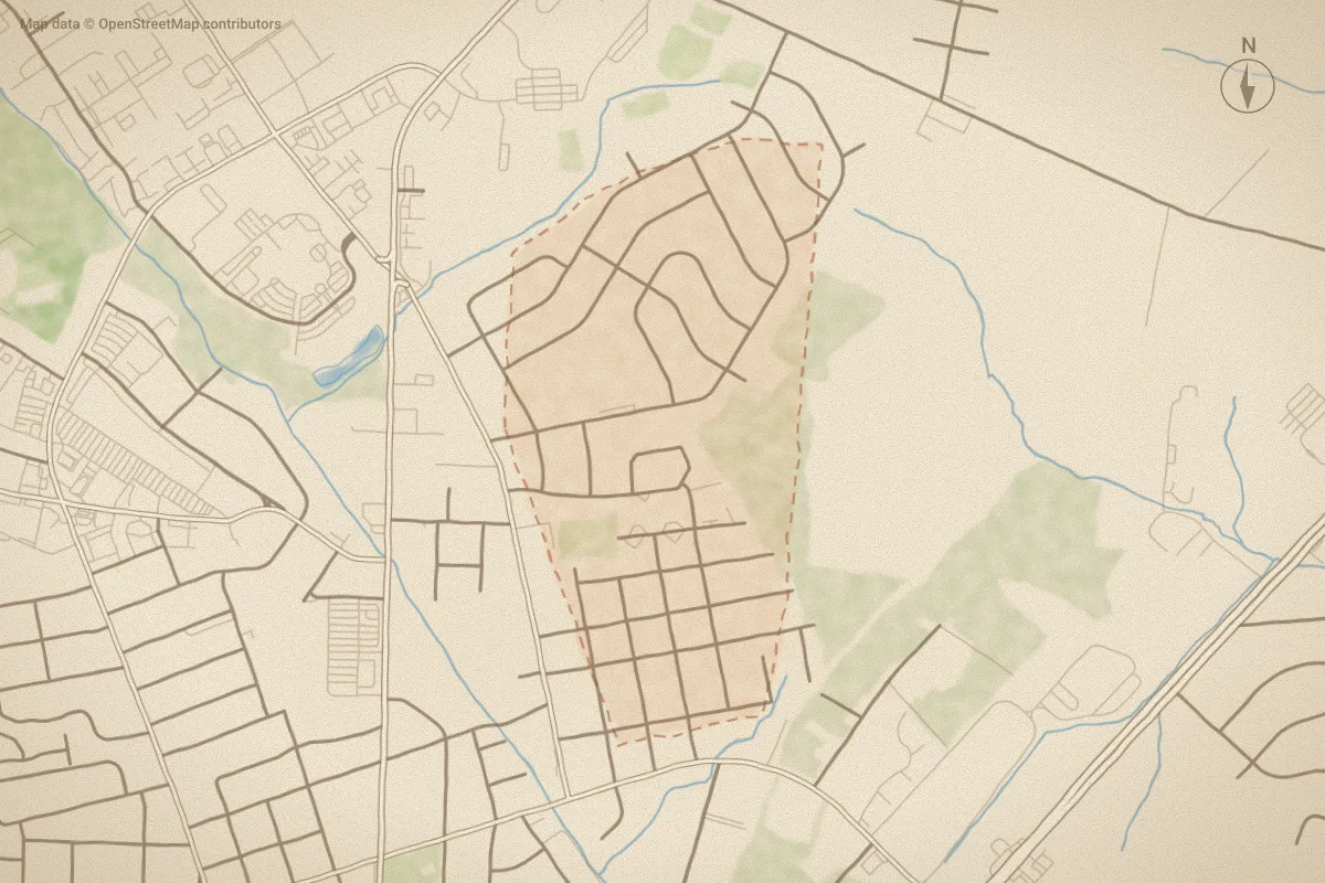 Watercolor map of Greenmeade in Kinston, NC, showing its streets, water and surroundings