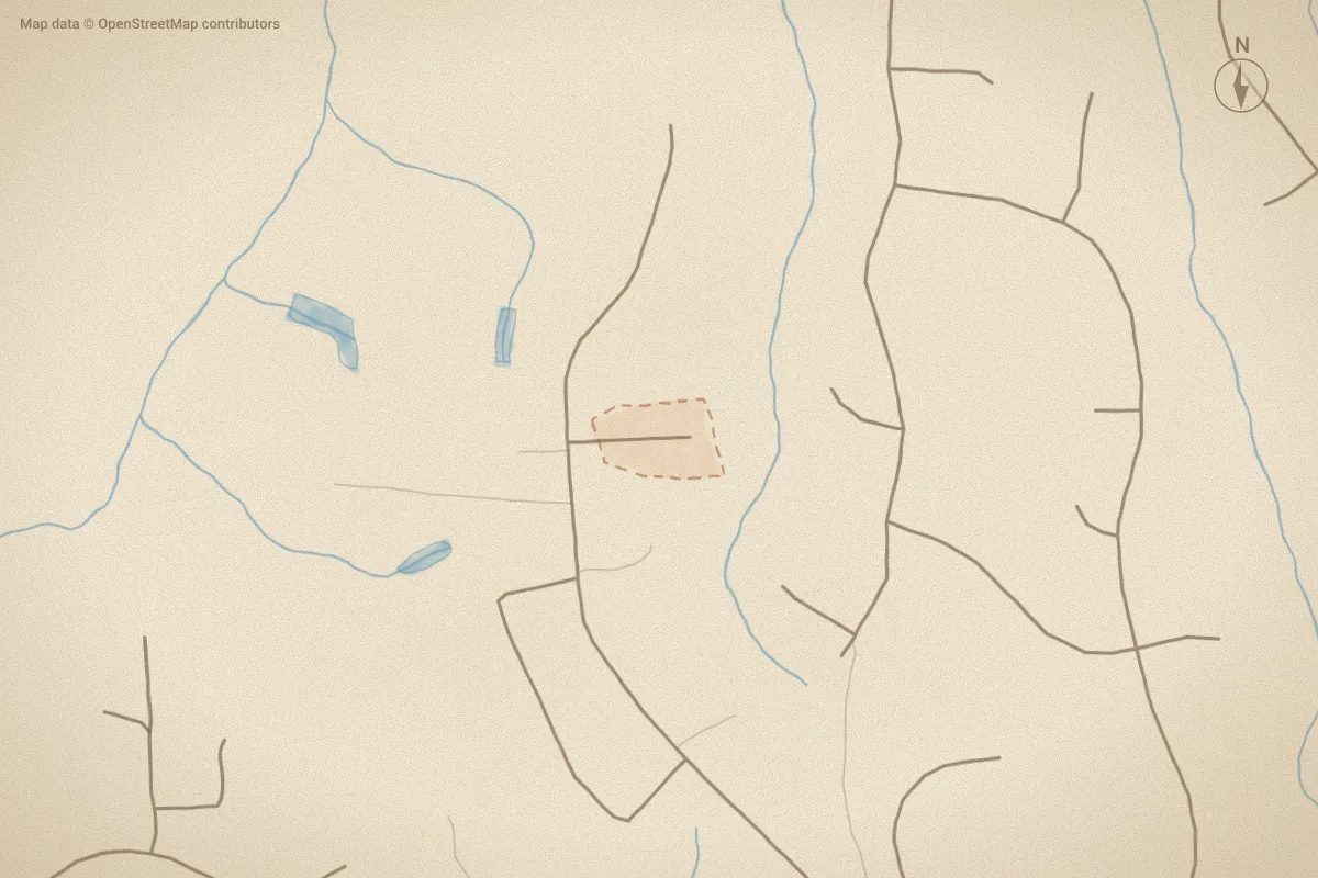Watercolor map of Grizzly Acres in Jacksonville, NC, showing its streets, water and surroundings