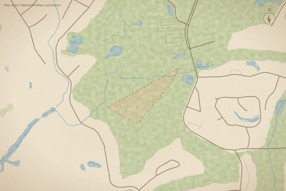 Watercolor map of Gulls Landing in Sunset Beach, NC, showing its streets, water and surroundings