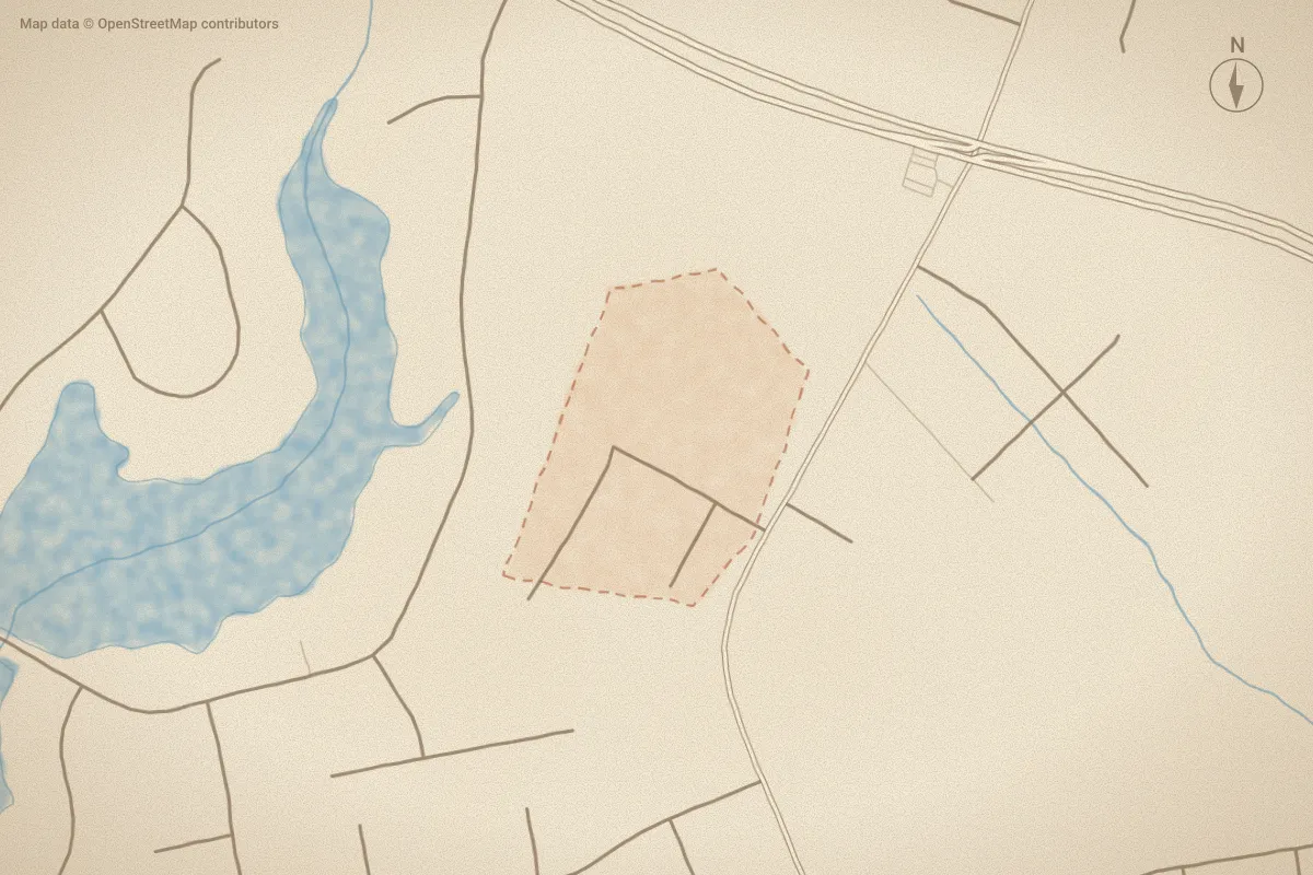 Watercolor map of Hadley Acres in La Grange, NC, showing its streets, water and surroundings