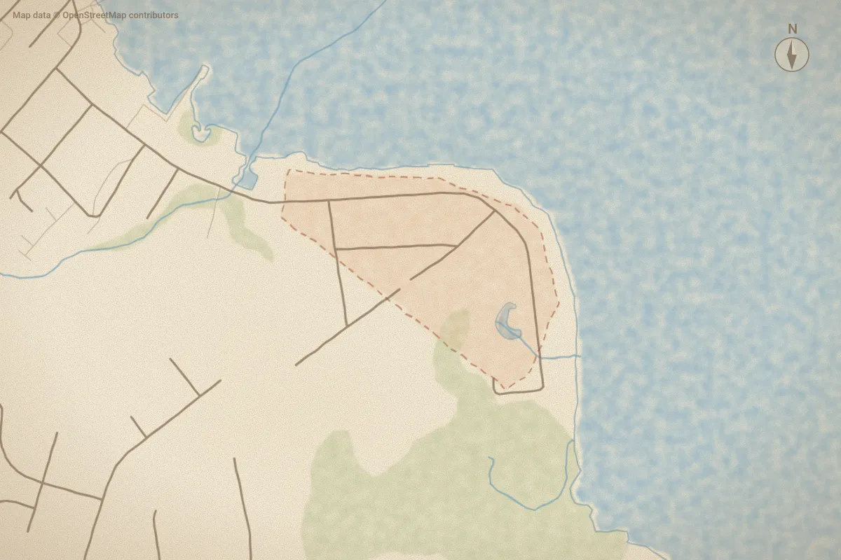 Watercolor map of Halls Point in Sneads Ferry, NC, showing its streets, water and surroundings