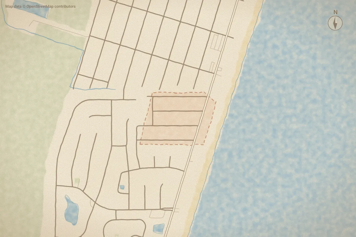 Watercolor map of Hanby Beach in Kure Beach, NC, showing its streets, water and surroundings