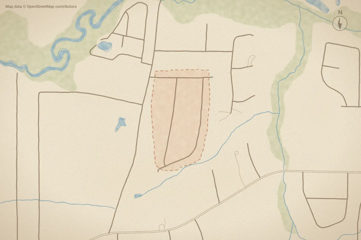 Watercolor map of Harbor Bay in Supply, NC, showing its streets, water and surroundings