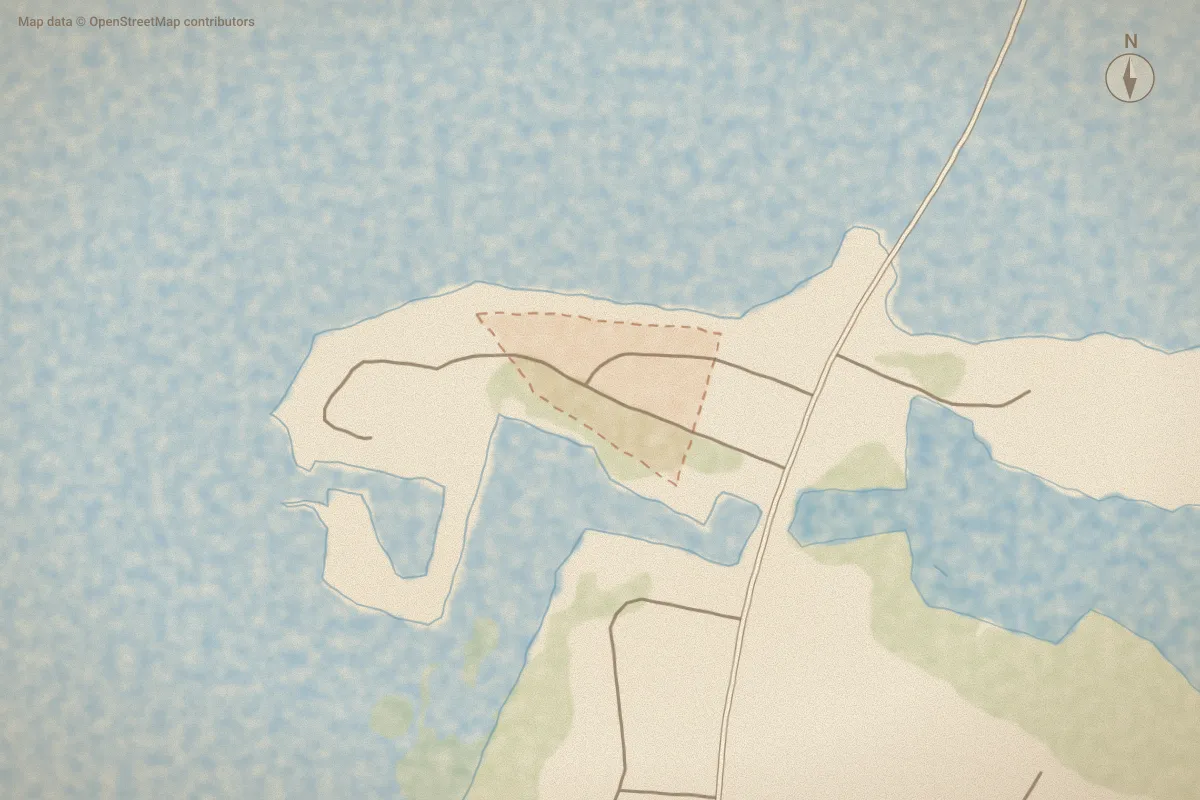 Watercolor map of Harkers Point in Harkers Island, NC, showing its streets, water and surroundings