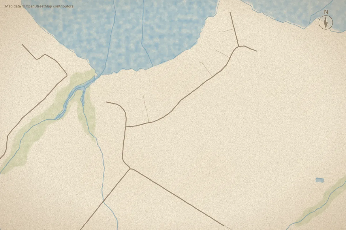 Watercolor map of Harvest Pointe in Elizabeth City, NC, showing its streets, water and surroundings