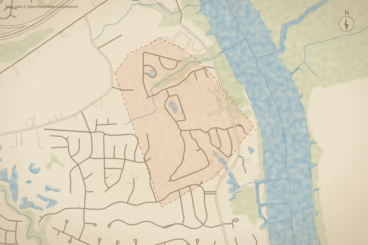 Watercolor map of Hawkeswater at the River in Leland, NC, showing its streets, water and surroundings