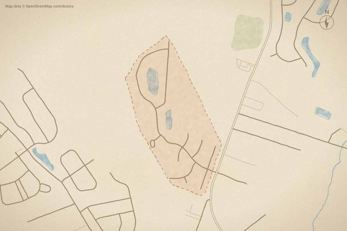 Watercolor map of Hearthstone in Leland, NC, showing its streets, water and surroundings