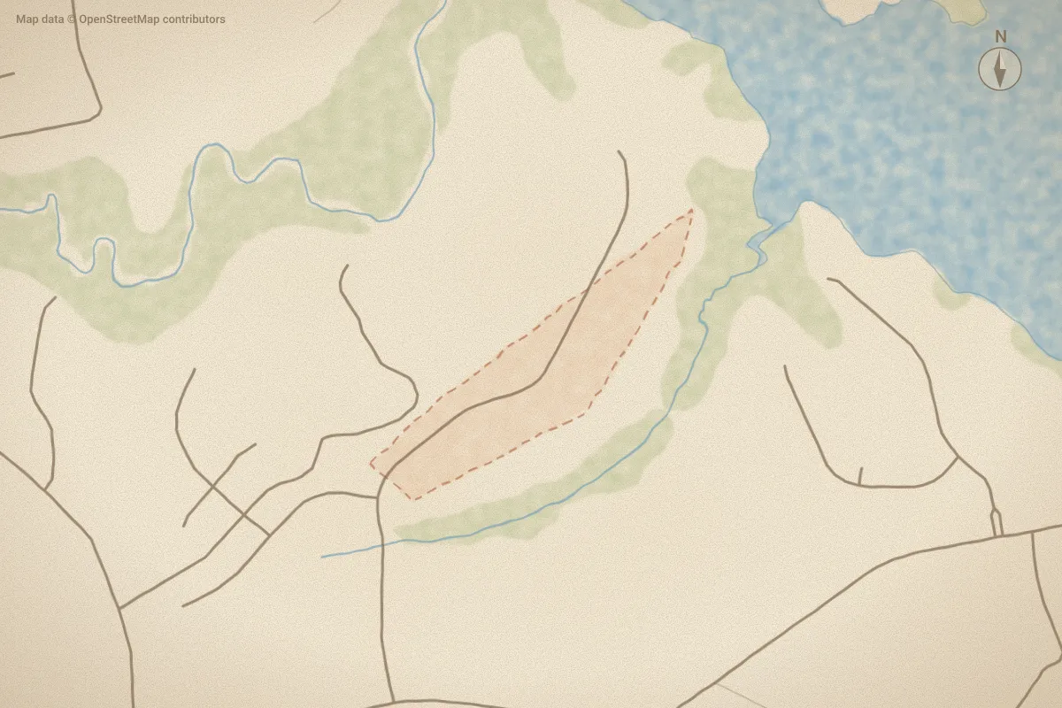 Watercolor map of Henderson Bluff in Hubert, NC, showing its streets, water and surroundings