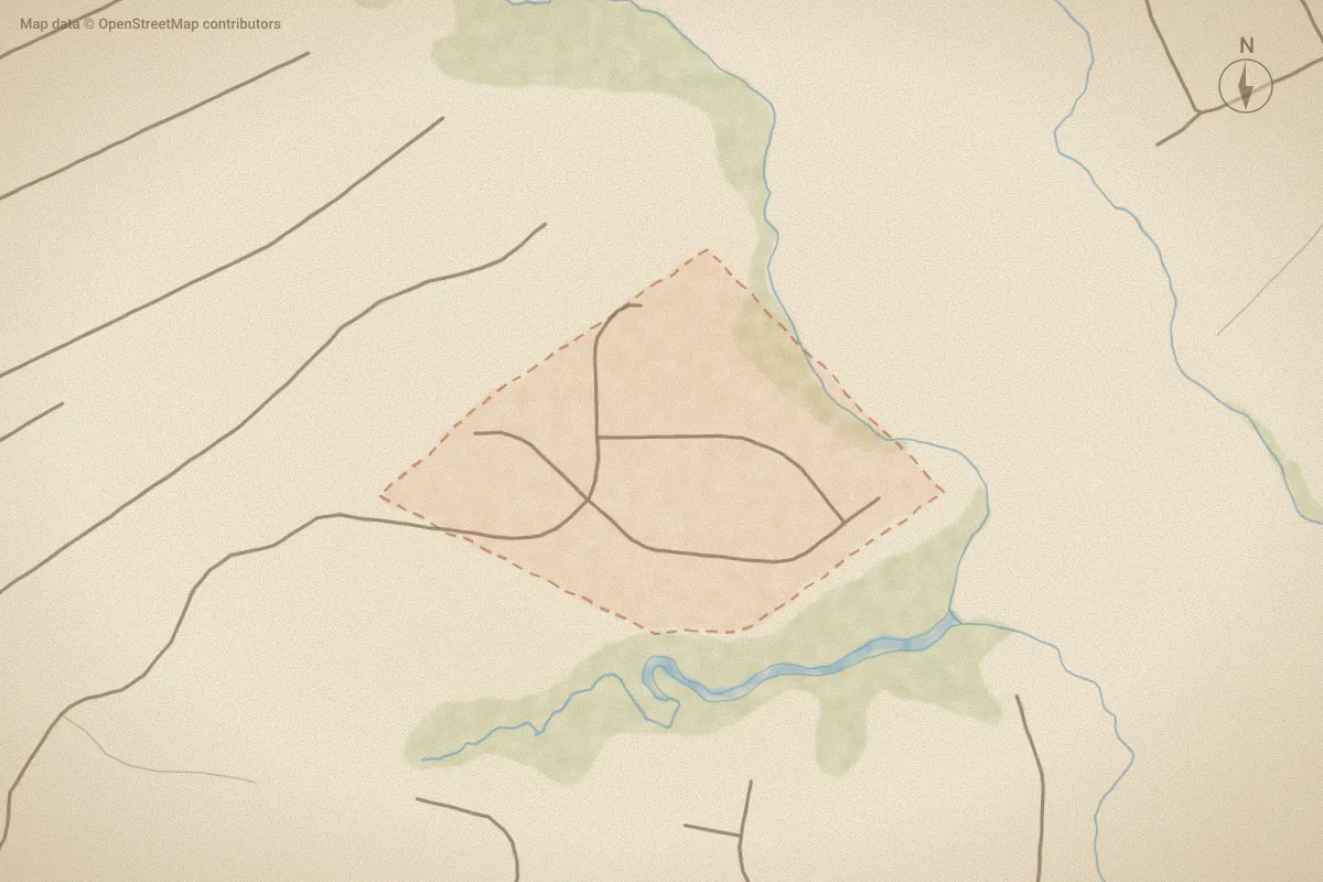 Watercolor map of Hickory Bluffs in Hubert, NC, showing its streets, water and surroundings