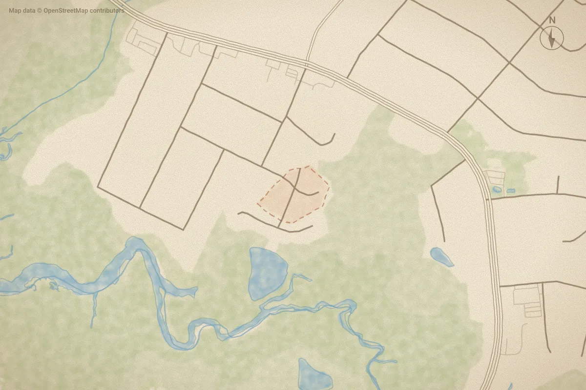 Watercolor map of Hickory Grove in Jacksonville, NC, showing its streets, water and surroundings