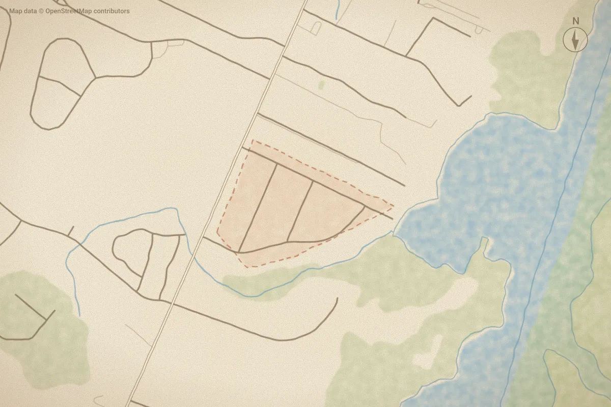 Watercolor map of Hickory Knoll in Wilmington, NC, showing its streets, water and surroundings