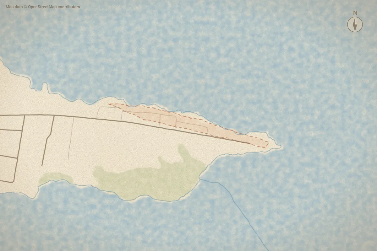 Watercolor map of Hickory Point in Aurora, NC, showing its streets, water and surroundings