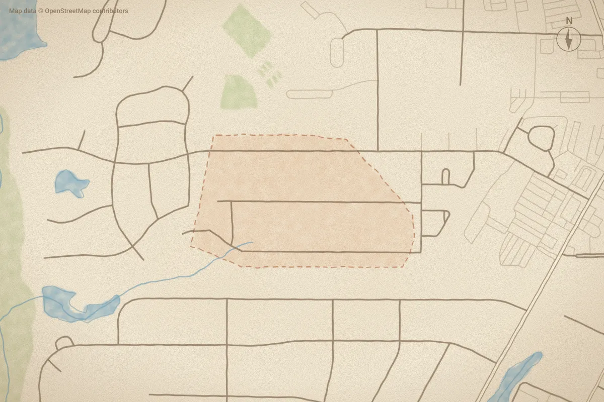 Watercolor map of Hidden Valley in Aberdeen, NC, showing its streets, water and surroundings