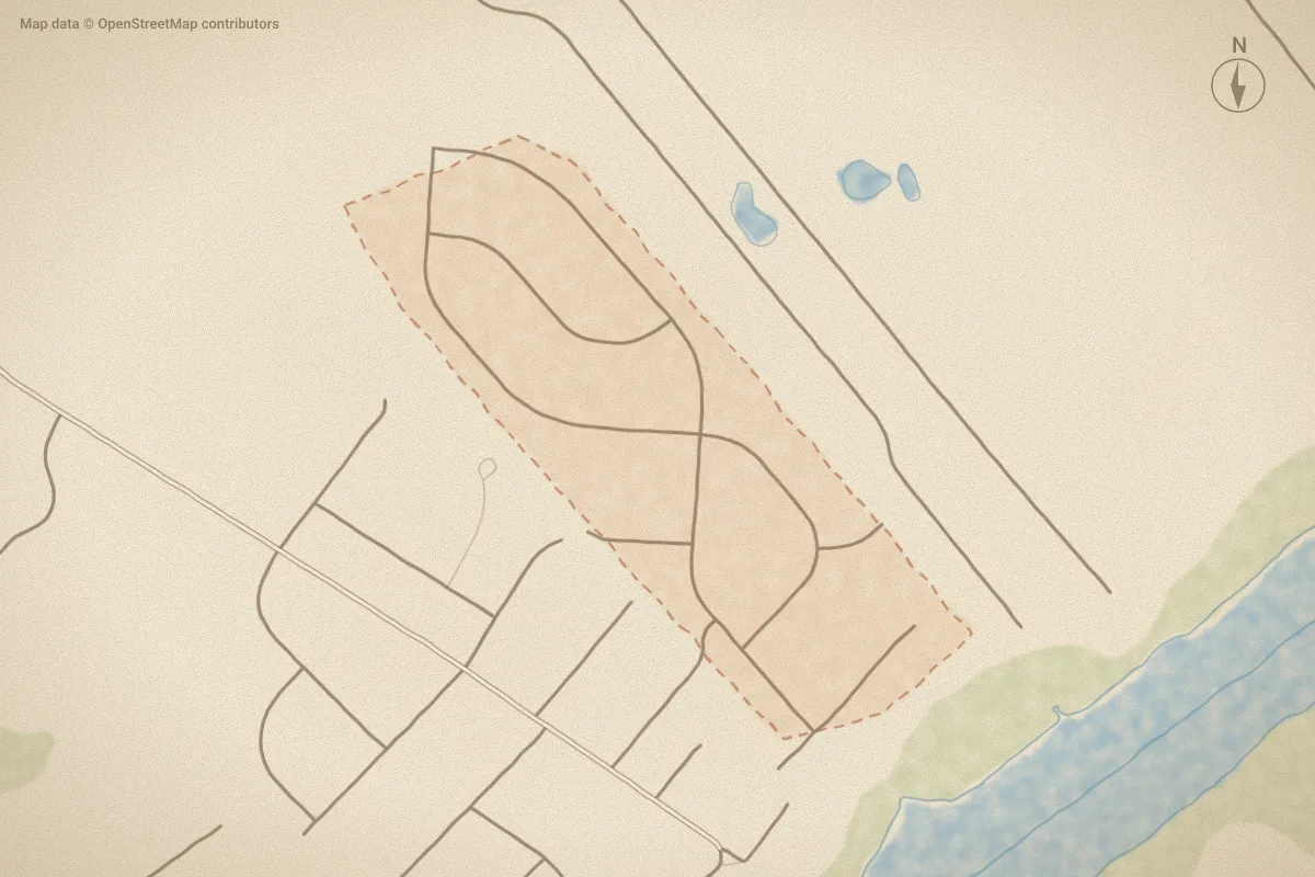 Watercolor map of Hideaway Shores in Hampstead, NC, showing its streets, water and surroundings