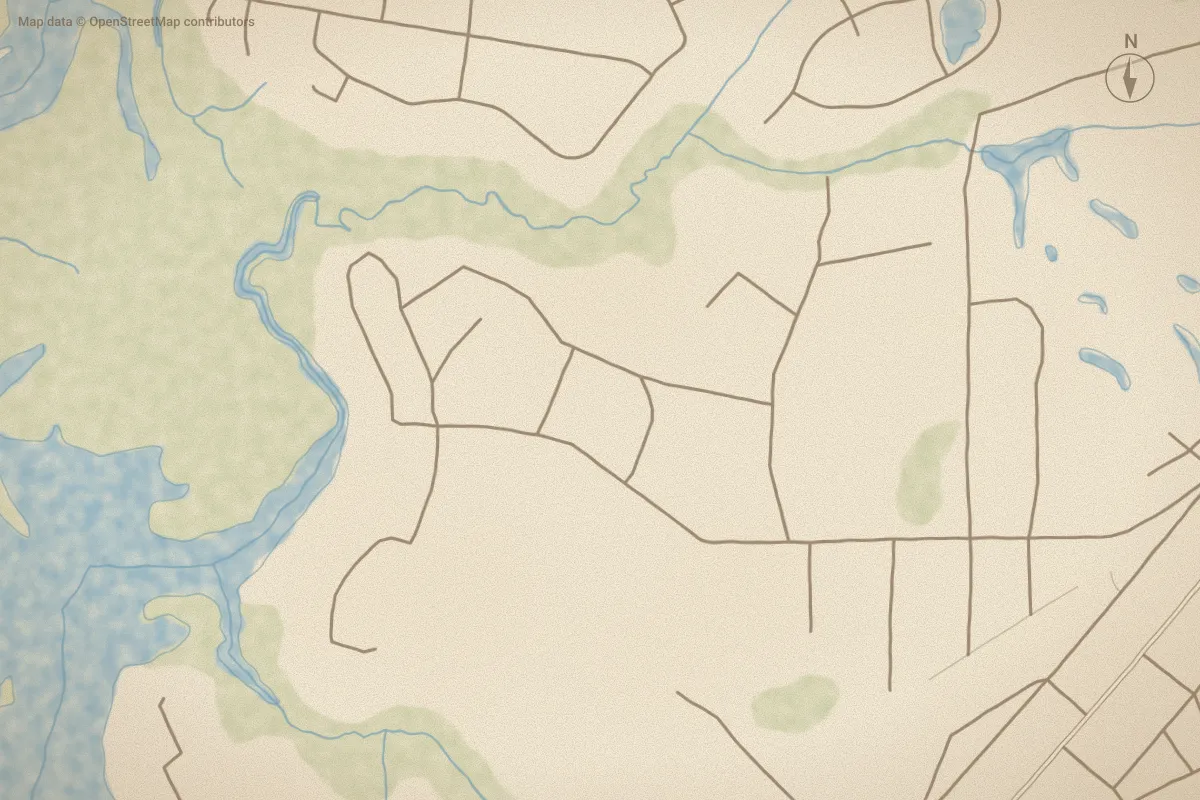 Watercolor map of High Meadows Est in Shallotte, NC, showing its streets, water and surroundings