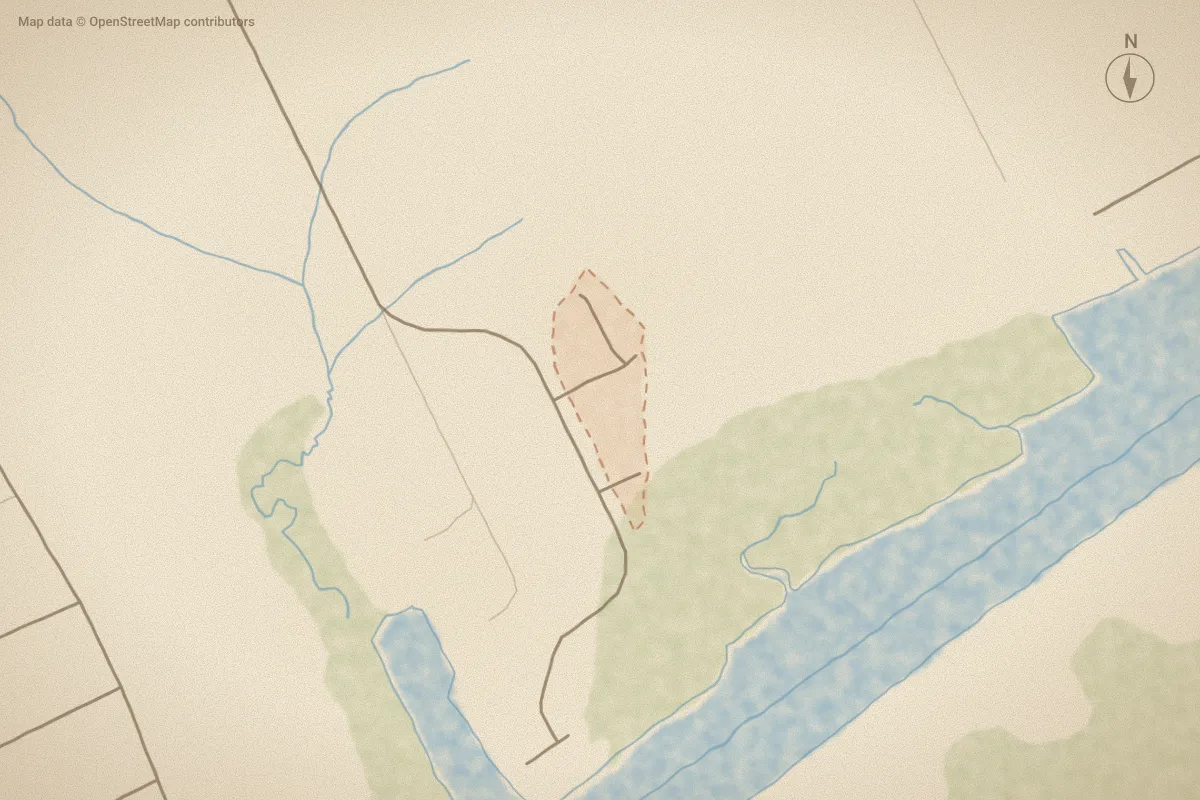 Watercolor map of Hogan's Landing in Hubert, NC, showing its streets, water and surroundings