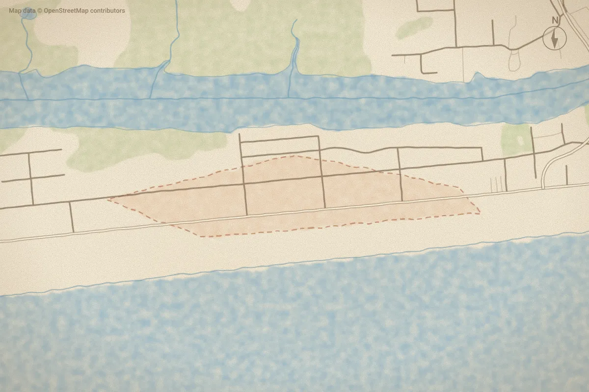 Watercolor map of Holden S E in Holden Beach, NC, showing its streets, water and surroundings