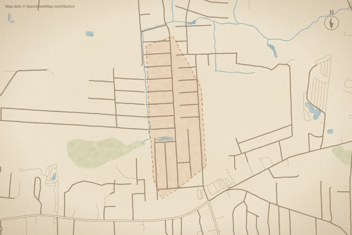 Watercolor map of Holiday Acres in Supply, NC, showing its streets, water and surroundings