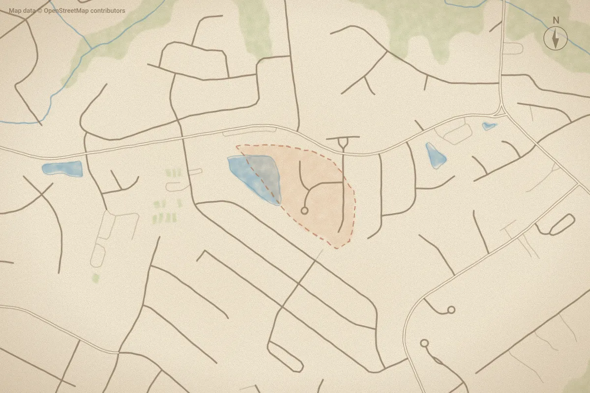 Watercolor map of Holly Downs in Wilmington, NC, showing its streets, water and surroundings