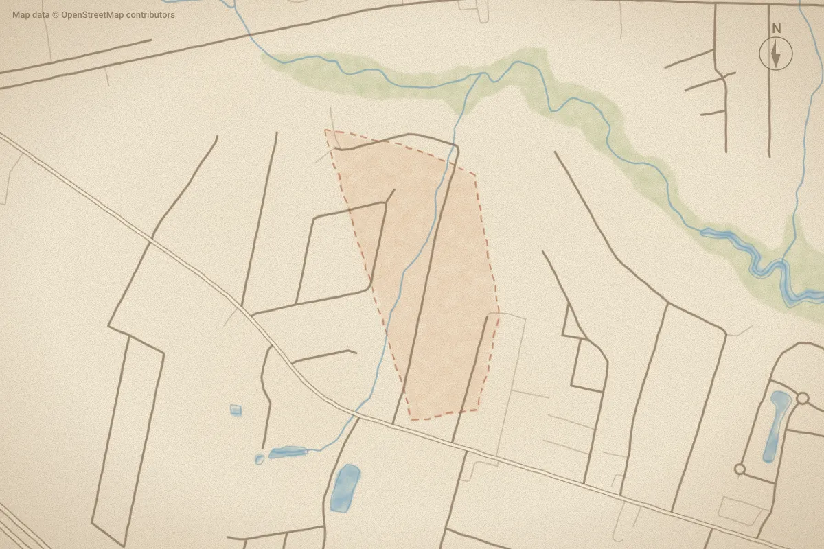 Watercolor map of Holly Hills in Leland, NC, showing its streets, water and surroundings