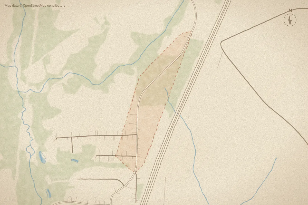 Watercolor map of Hunter's Crossing in Wilson, NC, showing its streets, water and surroundings