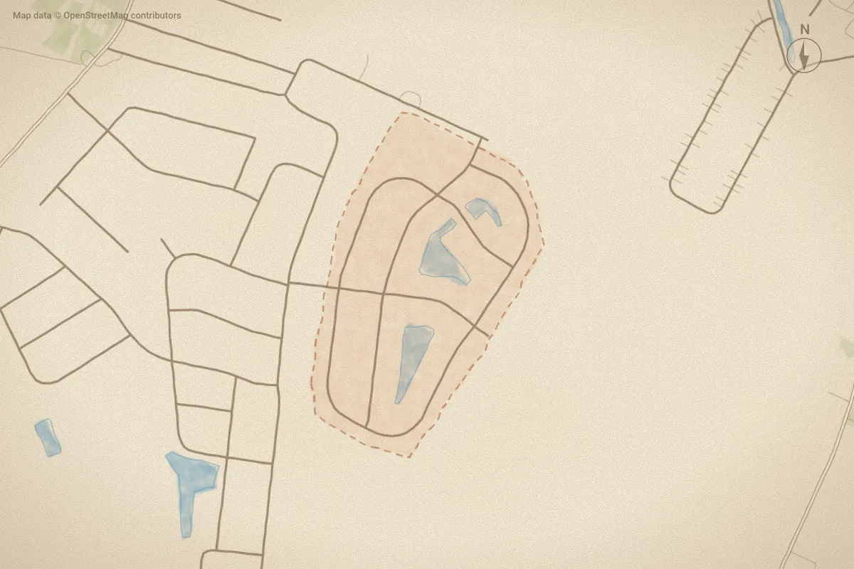Watercolor map of Hunters Lake in Elizabeth City, NC, showing its streets, water and surroundings