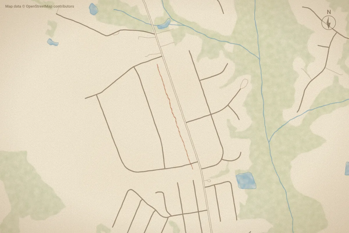 Watercolor map of Huntington Marsh in Hubert, NC, showing its streets, water and surroundings