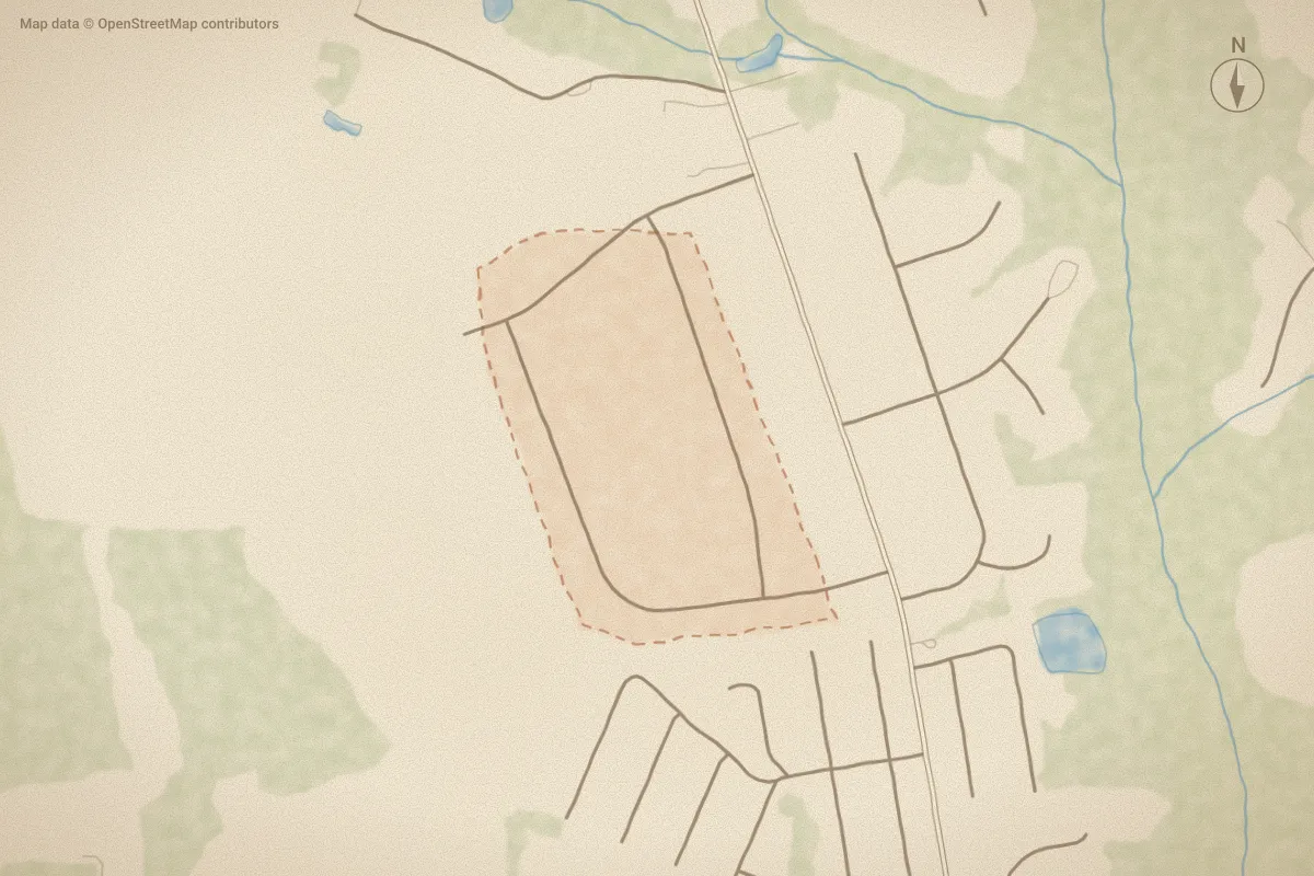 Watercolor map of Huntington Woods in Hubert, NC, showing its streets, water and surroundings
