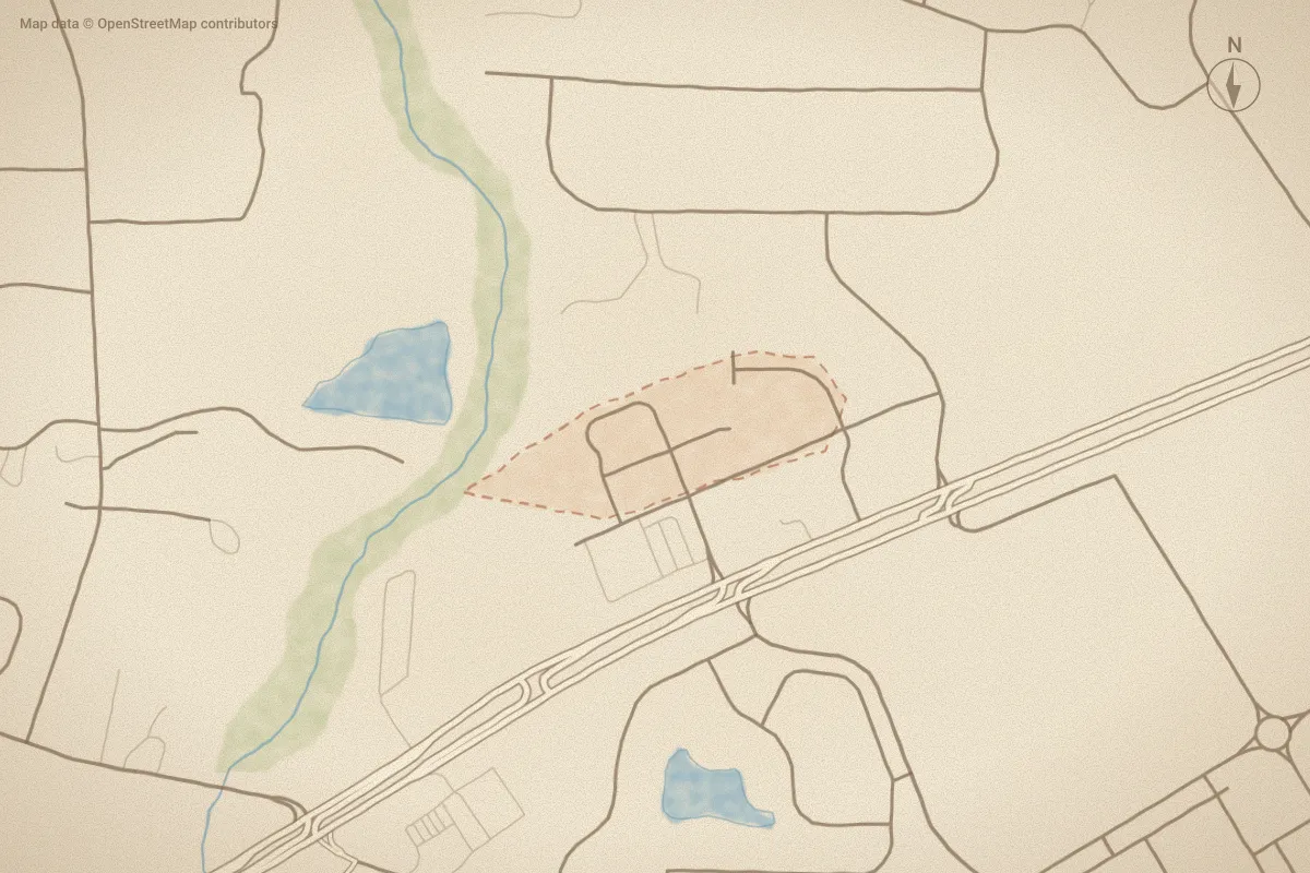 Watercolor map of Ibis Landing in Leland, NC, showing its streets, water and surroundings