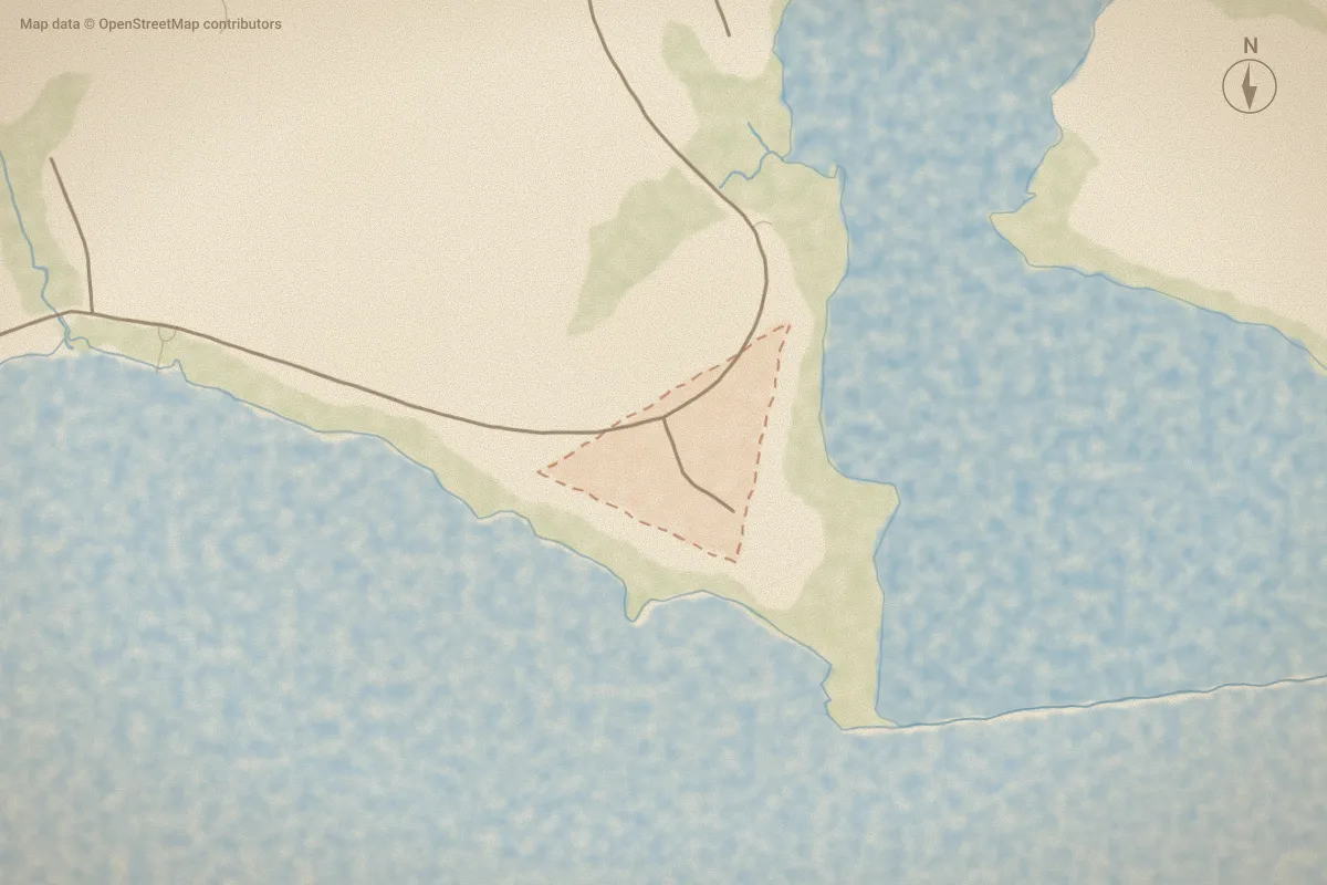 Watercolor map of Indian Shores in Newport, NC, showing its streets, water and surroundings