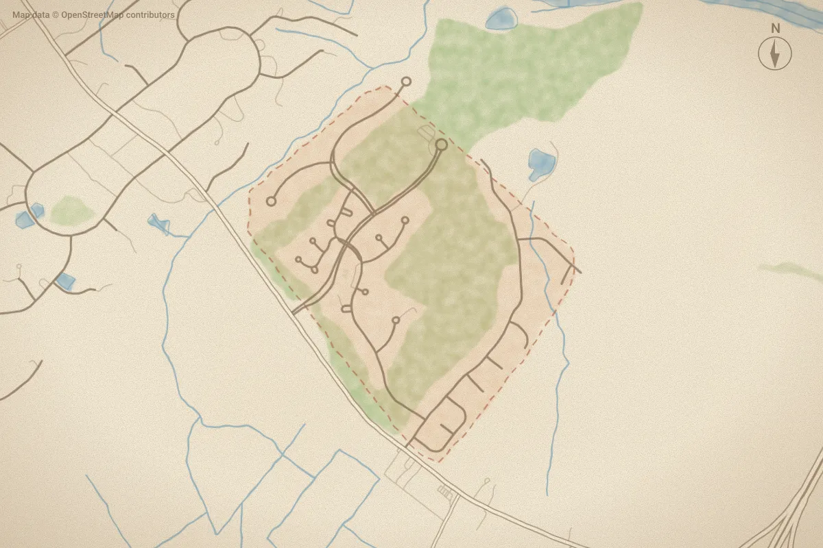 Watercolor map of Ironwood in Greenville, NC, showing its streets, water and surroundings
