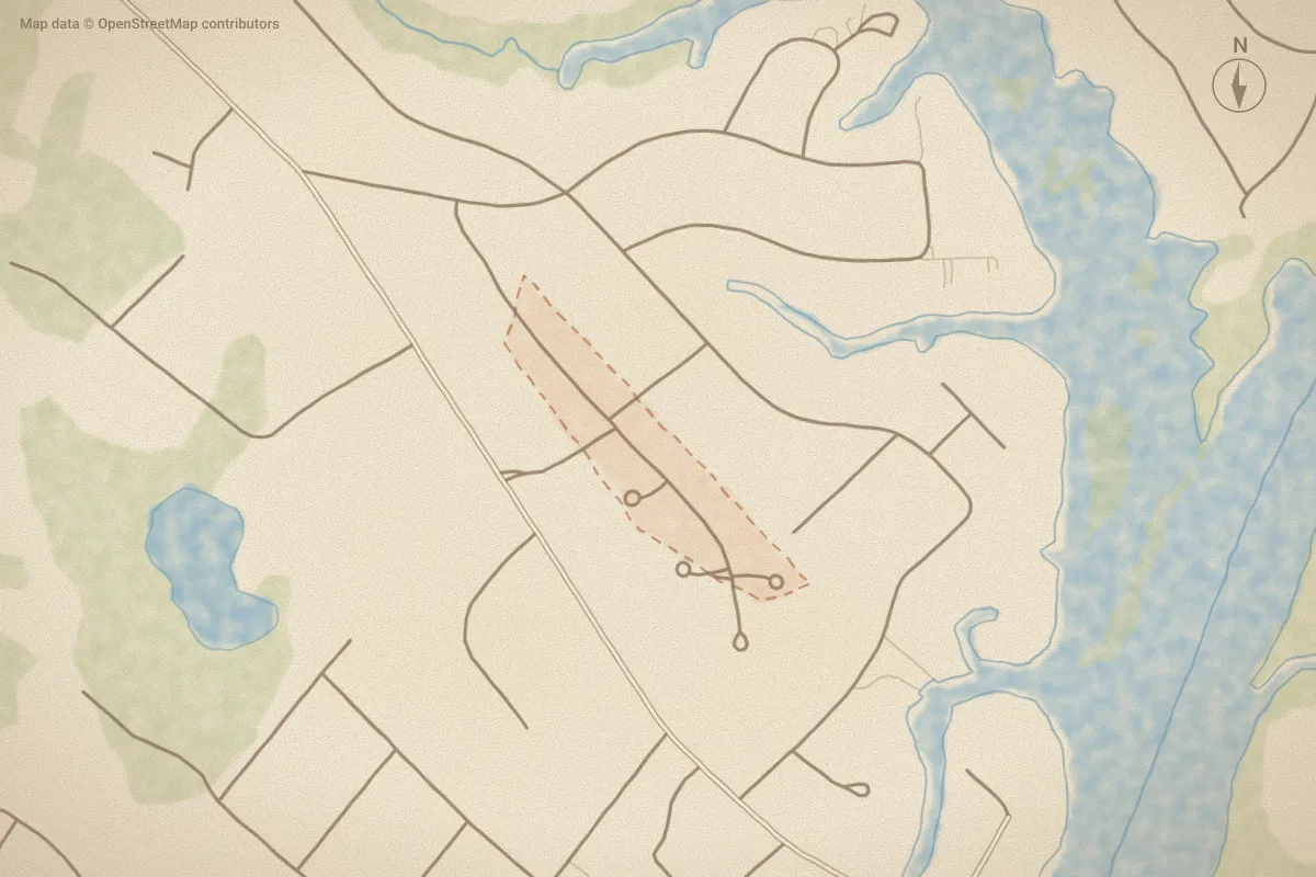 Watercolor map of Island Palms in Hampstead, NC, showing its streets, water and surroundings