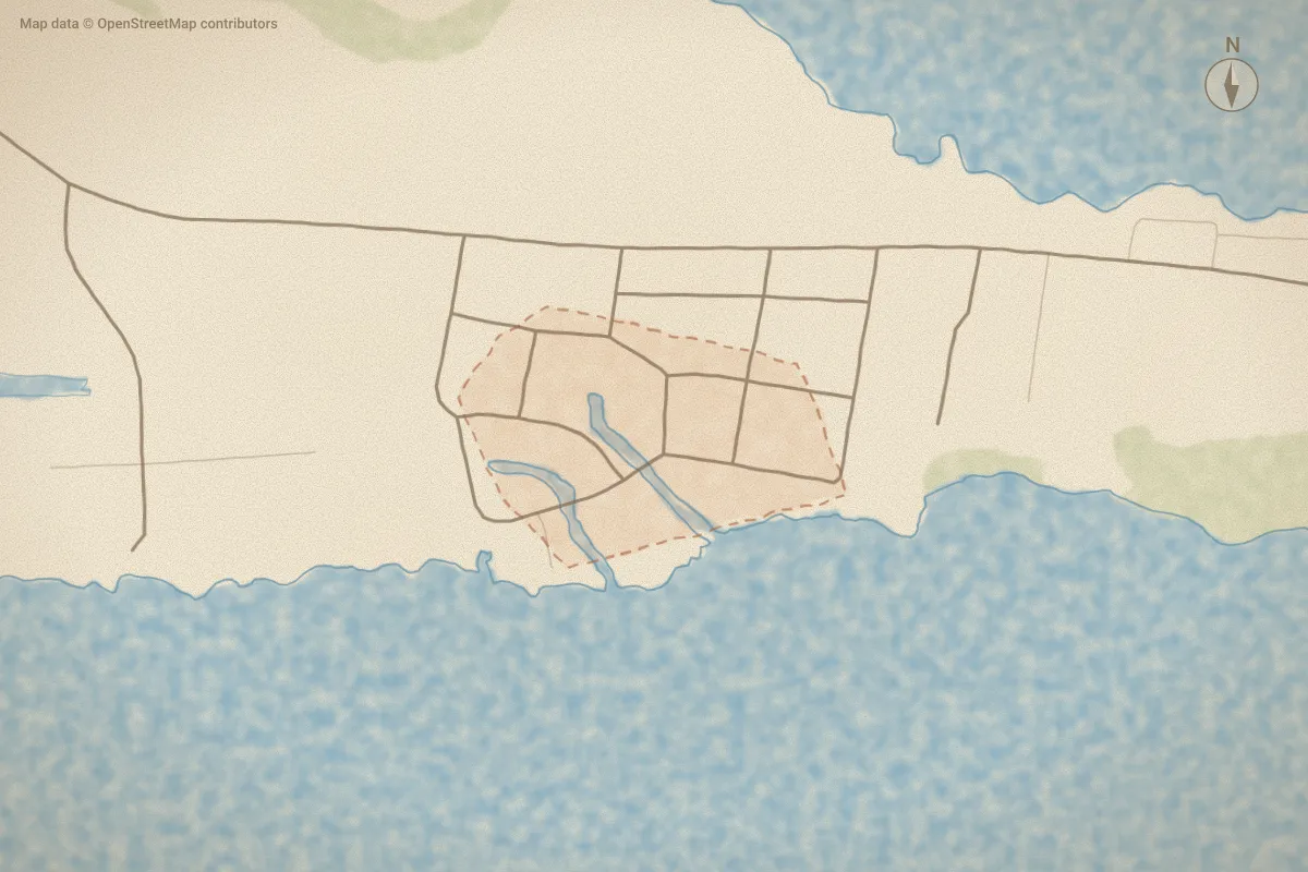 Watercolor map of Isle Vue Beach in Aurora, NC, showing its streets, water and surroundings