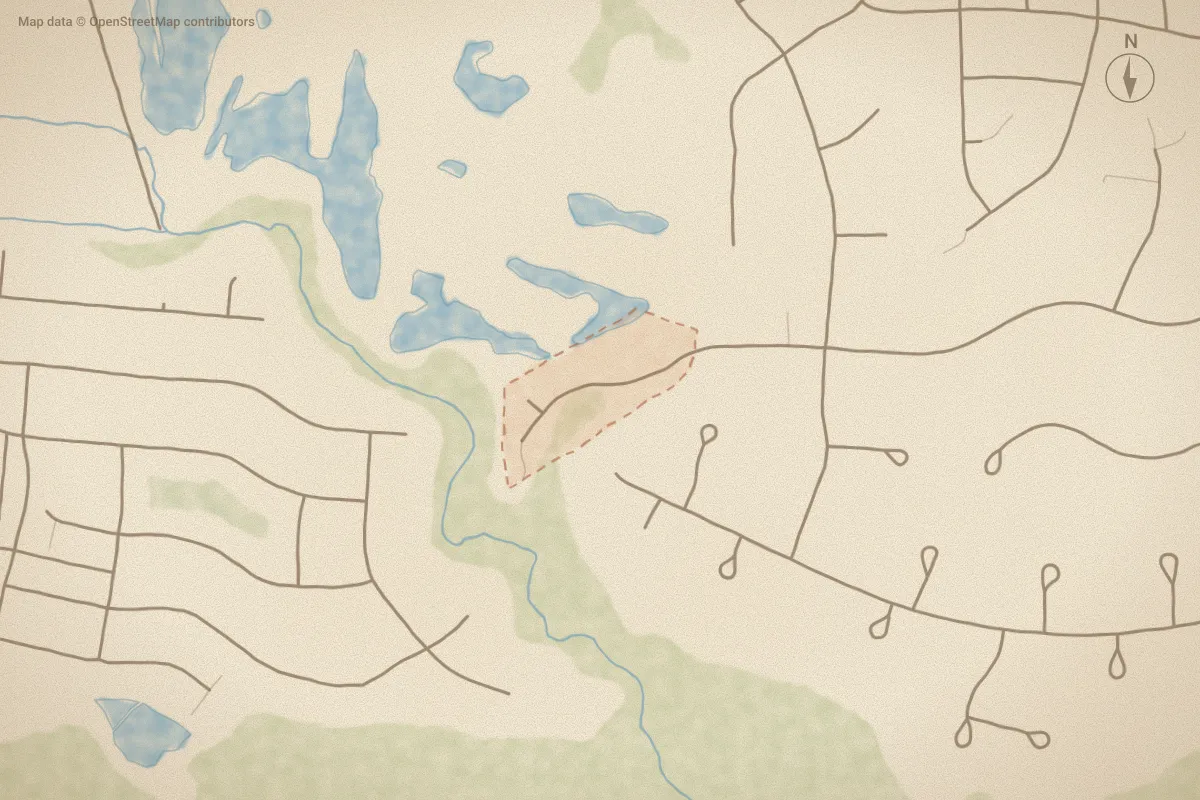 Watercolor map of Jacobs Run in Leland, NC, showing its streets, water and surroundings
