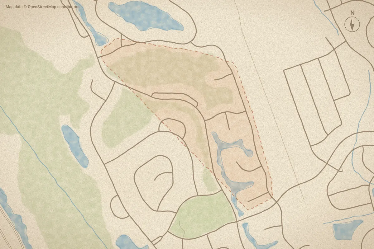 Watercolor map of Jefferson Estates in Leland, NC, showing its streets, water and surroundings
