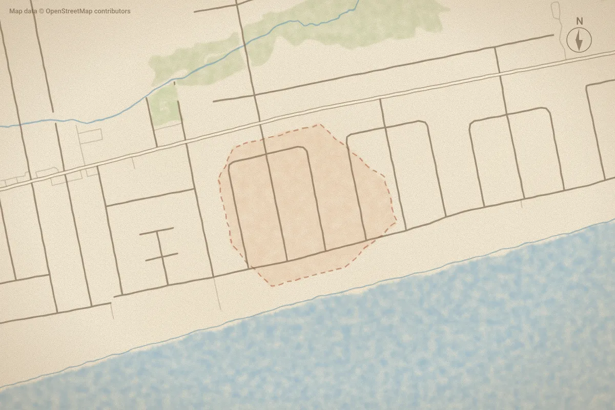 Watercolor map of Jefferson Place in Emerald Isle, NC, showing its streets, water and surroundings