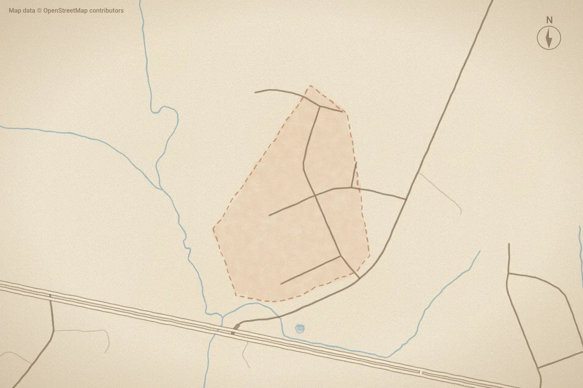 Watercolor map of Jesses Crossing in Richlands, NC, showing its streets, water and surroundings