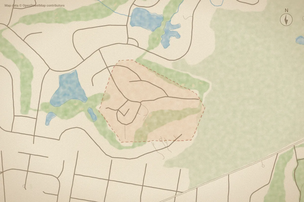 Watercolor map of Juniper Creek in Pinehurst, NC, showing its streets, water and surroundings