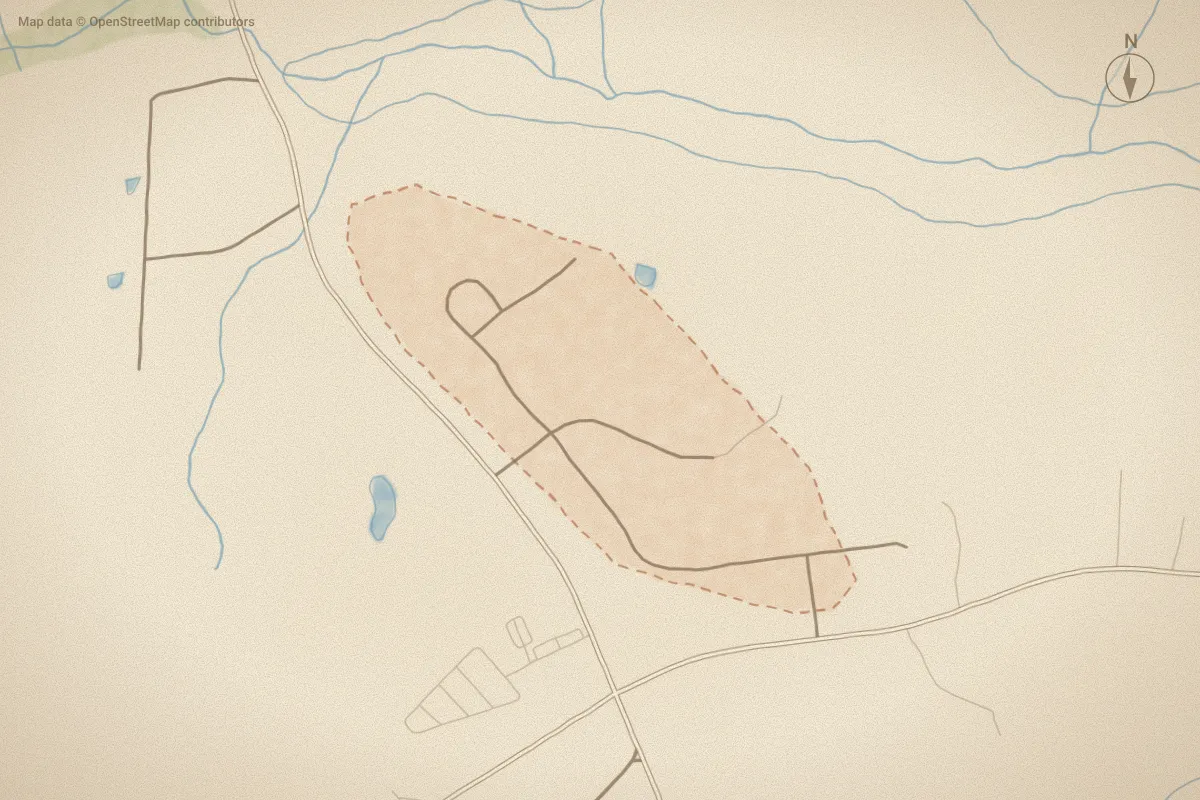 Watercolor map of Juniper Ridge in West End, NC, showing its streets, water and surroundings