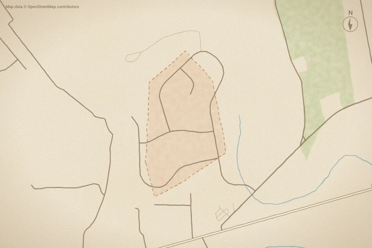 Watercolor map of Lake Arthur Estates in Bogue, NC, showing its streets, water and surroundings