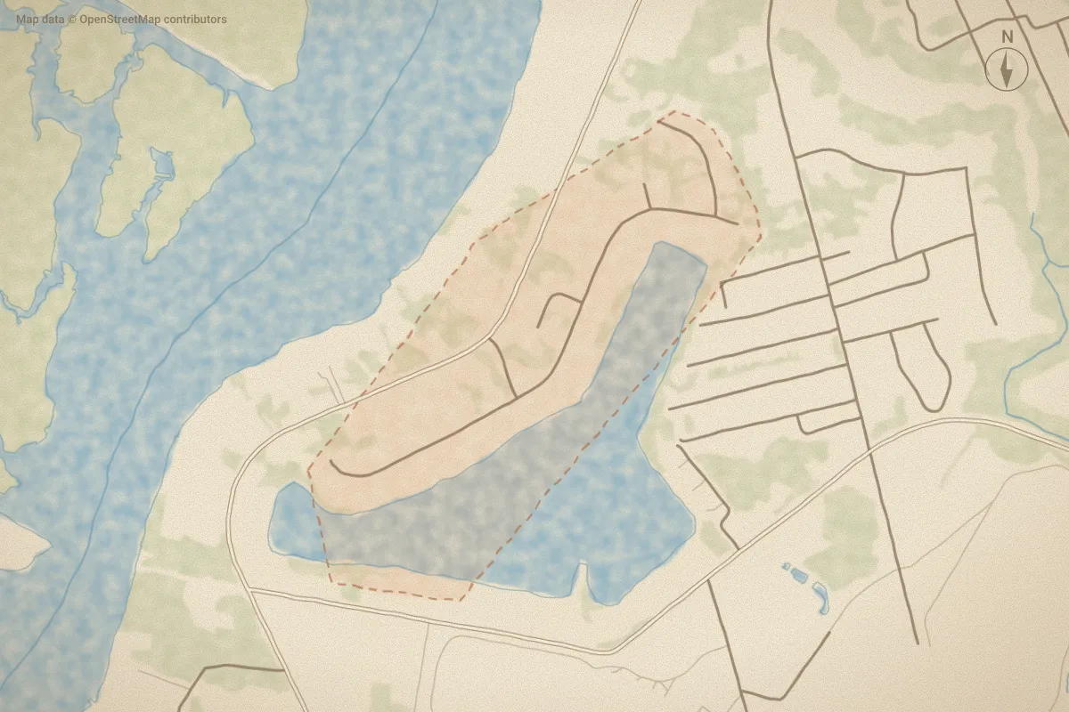 Watercolor map of Lake Clermont in New Bern, NC, showing its streets, water and surroundings