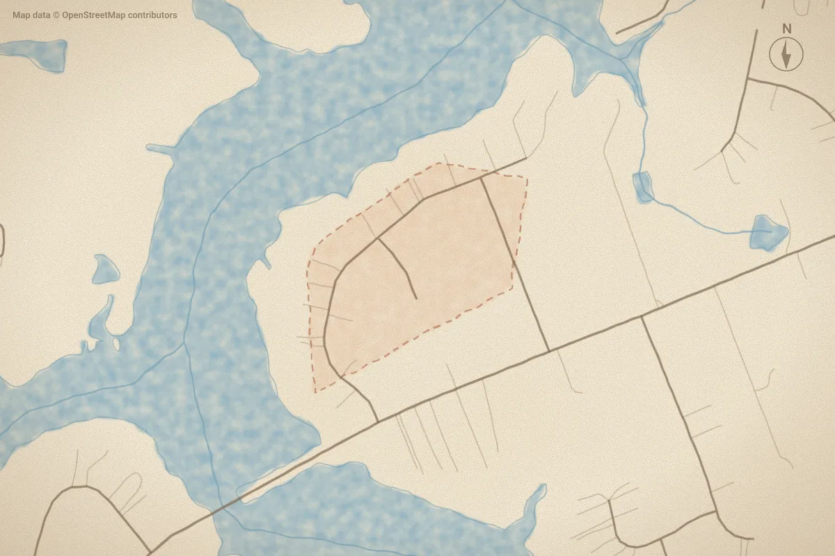 Watercolor map of Lake Haven in Rocky Mount, NC, showing its streets, water and surroundings