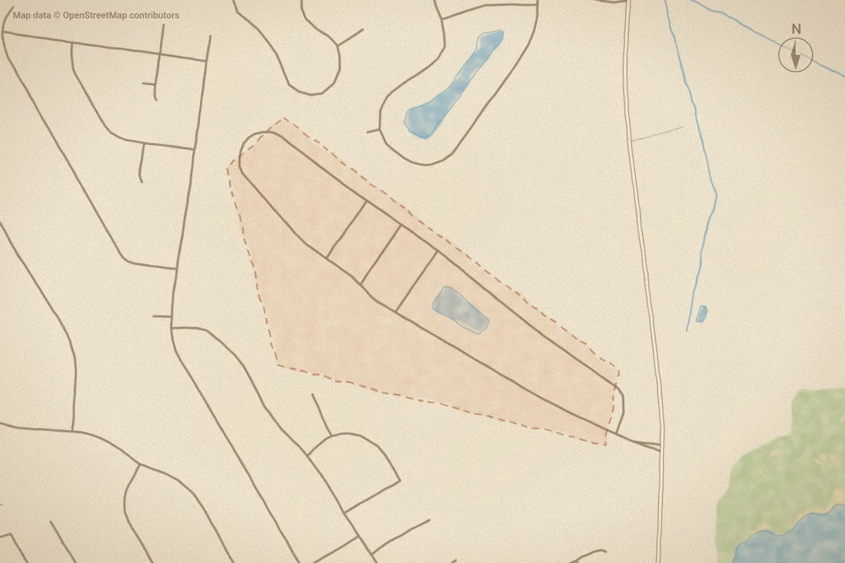 Watercolor map of Landmark at Lighthouse Cove in Calabash, NC, showing its streets, water and surroundings