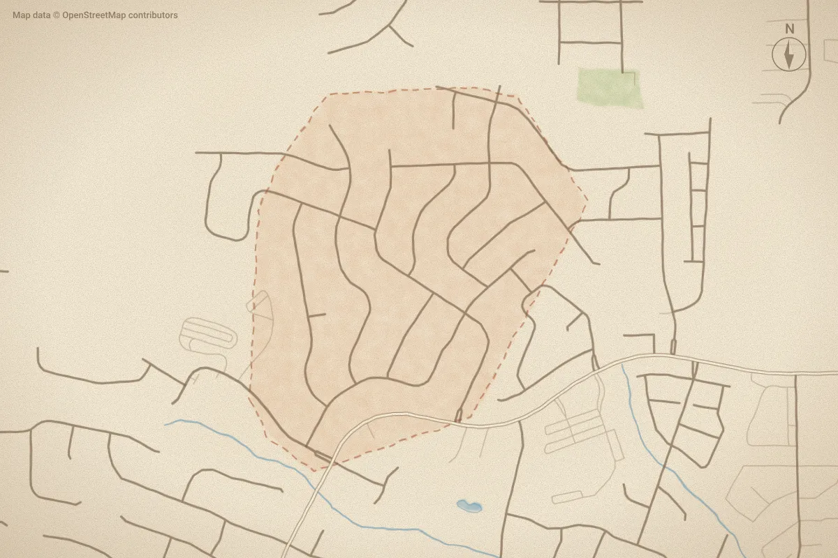 Watercolor map of Langston Farms in Winterville, NC, showing its streets, water and surroundings