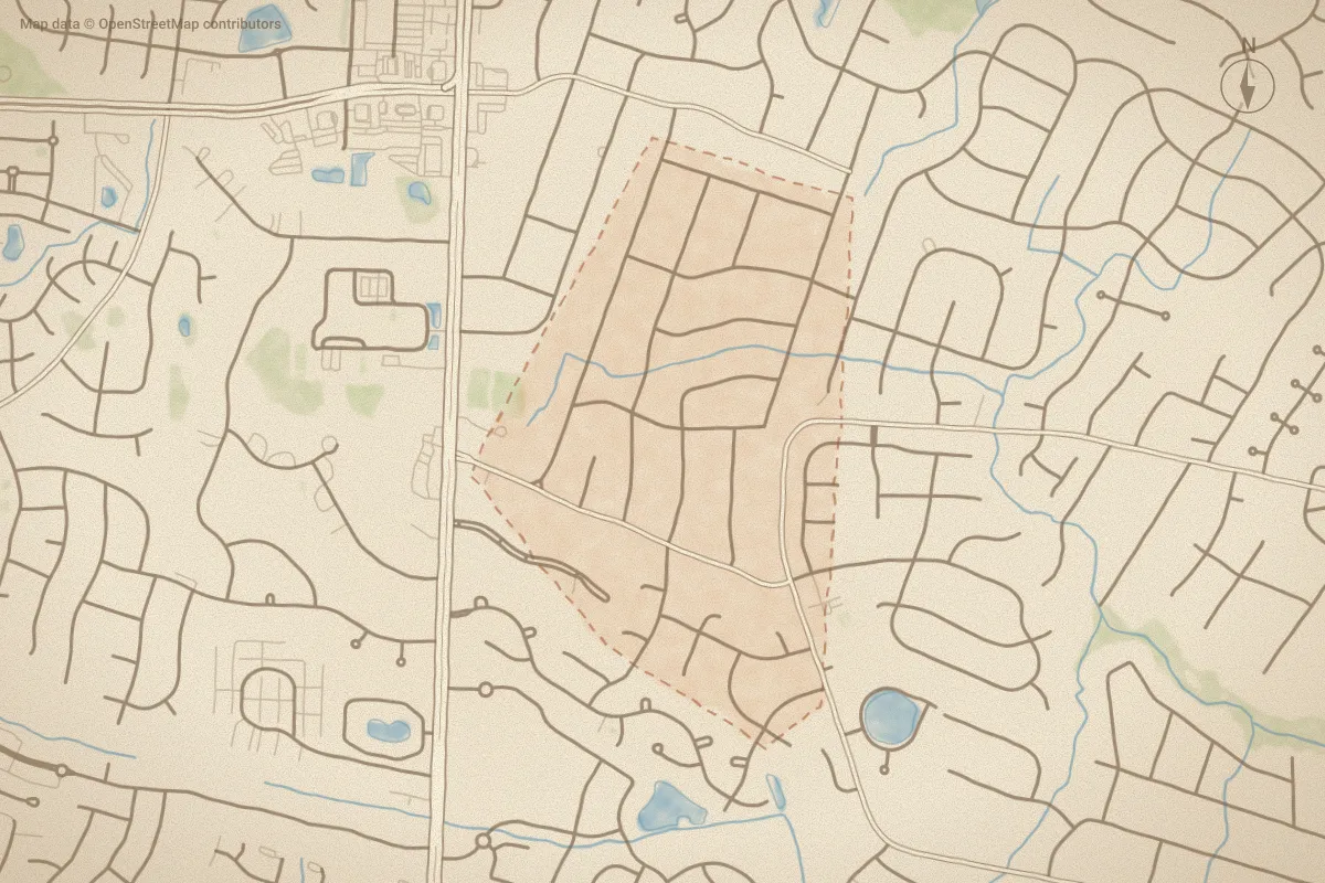 Watercolor map of Lansdowne Estates in Wilmington, NC, showing its streets, water and surroundings