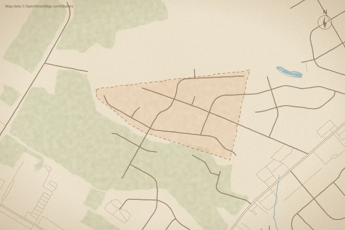 Watercolor map of Lantern Square in Wilson, NC, showing its streets, water and surroundings